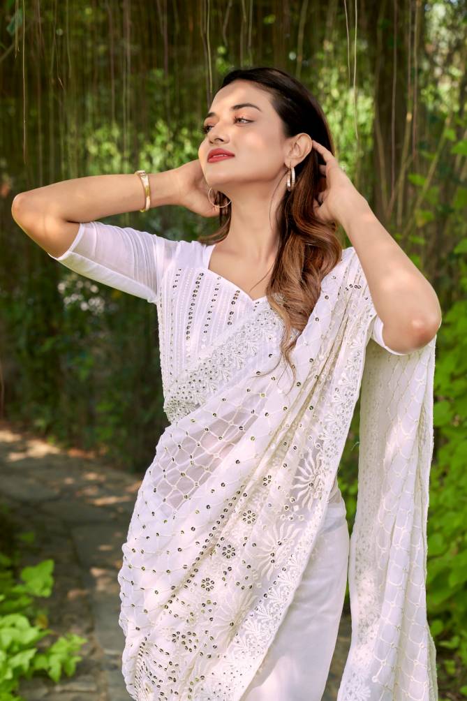 White Tone Thread Embroidery Georgette Designer Sarees Wholesale Price In Surat